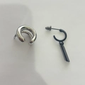 Asymmetric paperclip stud earrings in silver and black metal finish for men - C-Shape Hoop and Black Drop Earring (H-115)