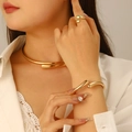 Minimalist gold alloy jewelry set with teardrop open bangle, necklace and ring - Choker, Bracelet and Ring Set / Gold