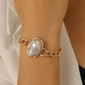 Goldenes Gliederkettenarmband mit einem großen unregelmäßigen Barockperlenanhänger - Armband (S188) / KC Gold