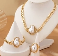 Goldenes Barockperlen Schmuckset mit grober Gliederkette, Armband und Fingerring - Halskette+Armband+Ring Set / Gold