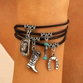Retro western gelaagde armband met zilveren hoed, laars en hoefijzer geluksbedeltjes - Zwarte Gevlochten Touw Armband (01 Zwart 8732)