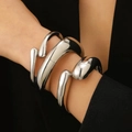 Polished silver liquid metal open cuff bracelet with fluid sculpted teardrop design - Silver Bangle (43) / Set of 3 / Silver