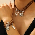 Böhmisches Western-Cowboy-Halsketten-Set mit silbernen Kaktus-Anhängern und braunem Seil - Halskette und Armband Set (8877+0804) / Kaffeebraun
