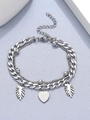 Silver double-layer chain bracelet featuring heart and leaf pendants with lobster clasp - Heart Leaf Style (5426)