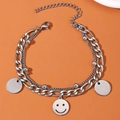 Double-layer silver chain bracelet with smiley face pendant and round beads detail - Smile Round Disc Style (A-332)