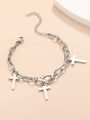 Silver layered chain bracelet featuring minimalist cross and evil eye charm pendants - Cross Style (4244)