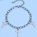 Silver stainless steel O-link chain bracelet featuring three polished cross pendants - Cross Style (K-544)