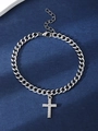 Silver Cuban link chain bracelet with micro-paved cross pendant and adjustable clasp - Cross Style (K-472)