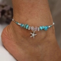 Bohemian anklet with turquoise beads, pink faceted gems and silver starfish pendant - Starfish
