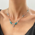 Bohemian mermaid starfish pendant necklace with blue turquoise beads on neck - Antique Silver 12355 Blue Stone Starfish Style