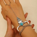 Vintage Western Cowboy Stierkopf Ring-Armband-Kombination mit blauem Türkis-Stein - Böhmisches Stierschädel Ring-Armband (2011) / Antiksilber