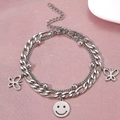 Silver double-layer Cuban chain bracelet with smiley face and butterfly charms - Smile Butterfly Style (3374)