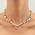 Bohemian mermaid shell necklace with turquoise beads and starfish pendant worn by model - Antique Silver 12354 Shell Turquoise Starfish