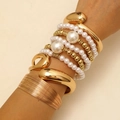 Golden multi-layer bracelet set featuring wide open cuff and white pearl bead strands - Bangle Combination Set (36) / Four-Piece Set / Gold and Pearl White