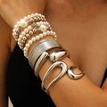 Chunky layered silver-tone bangle set with pearl beads and wide coiled spring bracelets - Silver Stacking Bangle (37) / Four-Piece Set / Silver