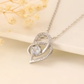 Silver heart necklace with rhinestone projection stone and I Love You engraving - Silver Double Heart Style (N-821)