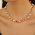 Elegant gold choker necklace with white pearls and multicolored gemstones for women - KC Gold 2386-Gold Pearl Gemstone Baroque Necklace