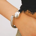 Silver hammered irregular cuff bangle with polished droplet design and crystal pavé - Rhinestone Water Drop Open Bangle (A-823) / Silver