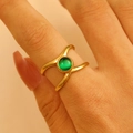 Bague vintage en acier doré avec pierre naturelle verte et design à double anneau - Style Entrecroisé à Double Couche (8631)