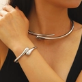 Minimalist silver fluid waterdrop open cuff bracelet with polished metallic finish - Choker and Small Bangle Set / Silver