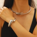 Minimalist silver wide-band geometric open cuff bracelet and collar set for women - Choker and Large Bangle Set / Silver