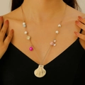 Bohemian style shell pendant necklace with colorful beads and khaki braided rope - Khaki Woven Shell Style (7625)