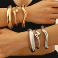 Minimalist geometric wave bangle set in polished gold and silver finish for women - Six Piece Bangle Set (40) / 6-Piece Set / Two-Tone Gold & Silver