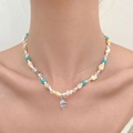 Bohemian mermaid shell necklace with turquoise beads and silver shell pendant - Antique Silver Conch 10514 Blue Bead Conch Style