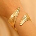 Polished warm gold leaf-shaped open cuff bracelet with intricate vein texture detail - Golden Leaf Feather Open Bracelet (20)