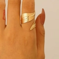 Adjustable golden leaf open ring with detailed vein texture for women - Golden Leaf Vein Wraparound Open Ring (21)