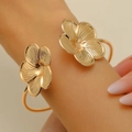 Golden double flower open cuff bracelet with detailed brushed metal texture for women - Golden Double Flower Open Bracelet (34)
