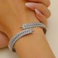 Sparkling silver leaf-shaped open cuff bracelet with white zircon pave setting - Silver Pave Zirconia Feather Open Bracelet (39)