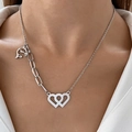 Silver stainless steel necklace with asymmetric chain, dolphin charm and interlocked hearts - Dolphin Double Heart Style (01 Steel Color 3704)