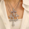 Detail of four-piece cross necklace set with colorful rhinestones and white pearls - Vintage Cross Multi-Layer Necklace / Silver (1365)