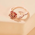Rose gold adjustable ring featuring a realistic blooming rose and detailed leaves - Rose Leaf (4369) / Rose Gold