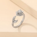 Elegant silver rose flower open ring with detailed metal petals and leaf design - Rose Leaf (6969)