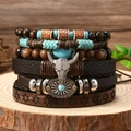 Bracciale multistrato in pelle stile boho con perle turchesi e ciondolo testa di toro - Stile Goffrato Teschio Di Toro E Esagramma