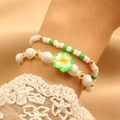 Set de pulseras de cuentas para mujer con flores verdes y blancas y detalles dorados - Juego de 2 Pulseras Verdes