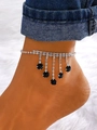 Bracelet de cheville argenté étincelant avec glands en cristal et breloques noires - Style Pierre Noire Argent Brillant