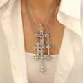 Vintage multi-layer silver necklace set with gemstone crosses and white baroque pearls - White K 1365 Silver Multi-Layer Vintage Cross Necklace