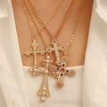 Layered gold cross necklace set with pearls and colorful gemstones for women - KC Gold 0112 Gold Multi-Layer Vintage Cross Necklace