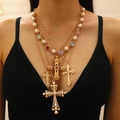 Vintage multi-layer gold necklace with colorful cross pendants and faux pearls - Gold Jewelry Set (15)