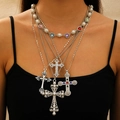 Conjunto de collares plateados de varias capas con flores de perlas y cruces - 1365+3972-Juego de Collares en Capas (Plata)