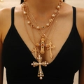 Multilayer gold necklace set with pearl cross pendants and colorful zircon stones - Gold Jewelry Set (17)