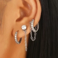 Sparkling silver hoop earrings with clear zircon stones and long chain stud set for women - Silver Single Rhinestone Chain Style (7424)
