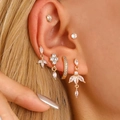14K gold plated earring set for multiple piercings featuring micro-pave cubic zirconia - Gold Marquise Flower Cluster Set (M-816)