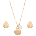 Gold finish shell necklace and pearl earring set with sparkling crystal accents - Gold Minimalist