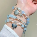 Three-layer blue beaded ocean bracelet set with starfish and shell silver charms - Blue Shell Heart Set (24 Bracelet Set of 3)