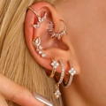 14K gold plated hoop earring set with micro-inlaid cubic zirconia in butterfly floral design - Gold Square Lattice Rhinestone Style (6221)