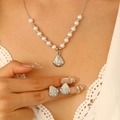 French vintage pearl necklace and shell earrings set with rhinestones for women - Silver Pearl Style